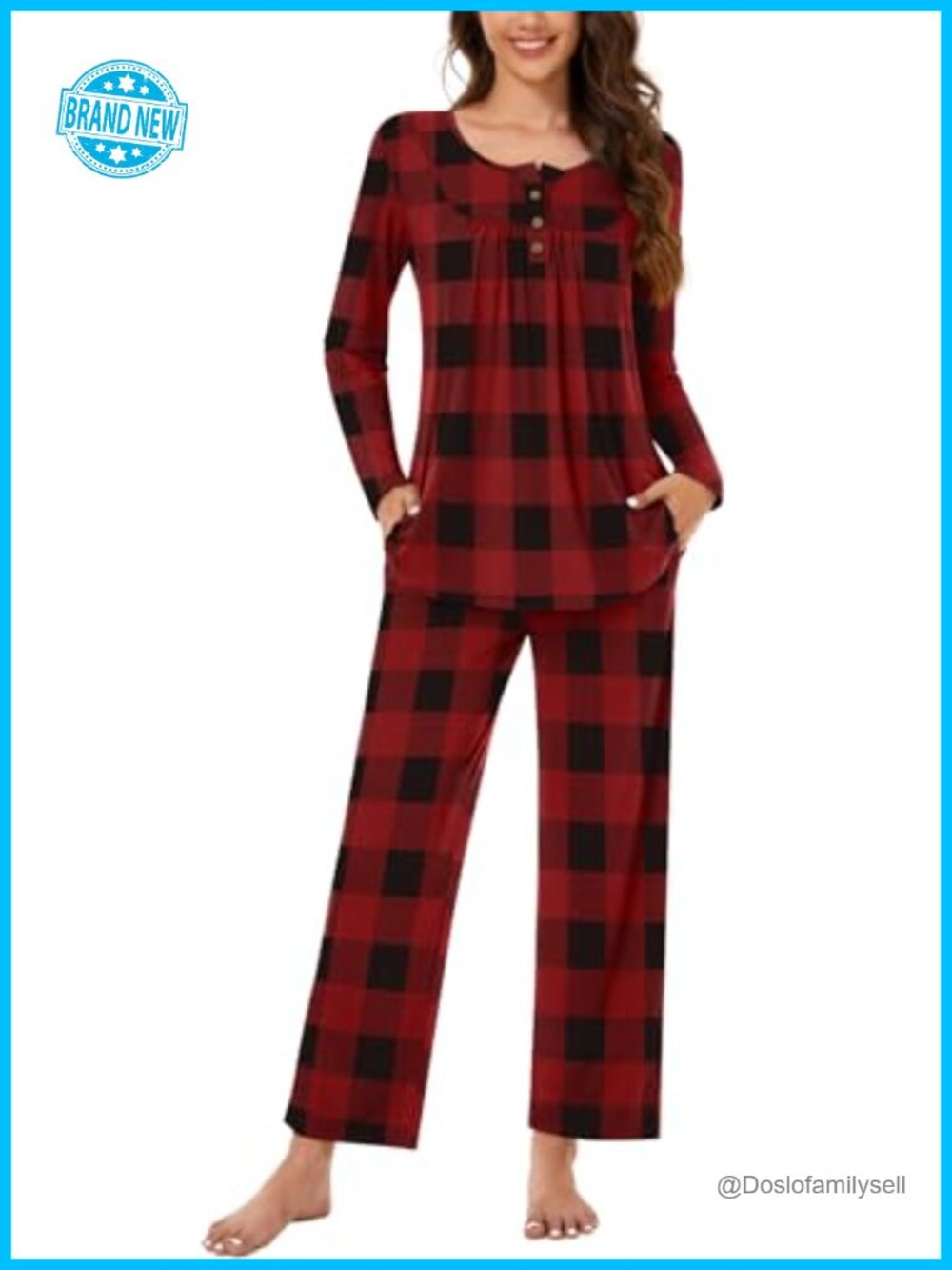 Women's 2 Piece Pajama Set Long Sleeve Henley Top & Lounge Pants
